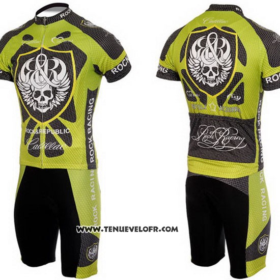 2010 Maillot Ciclismo Rock Racing Argent et Vert Manches Courtes et Cuissard